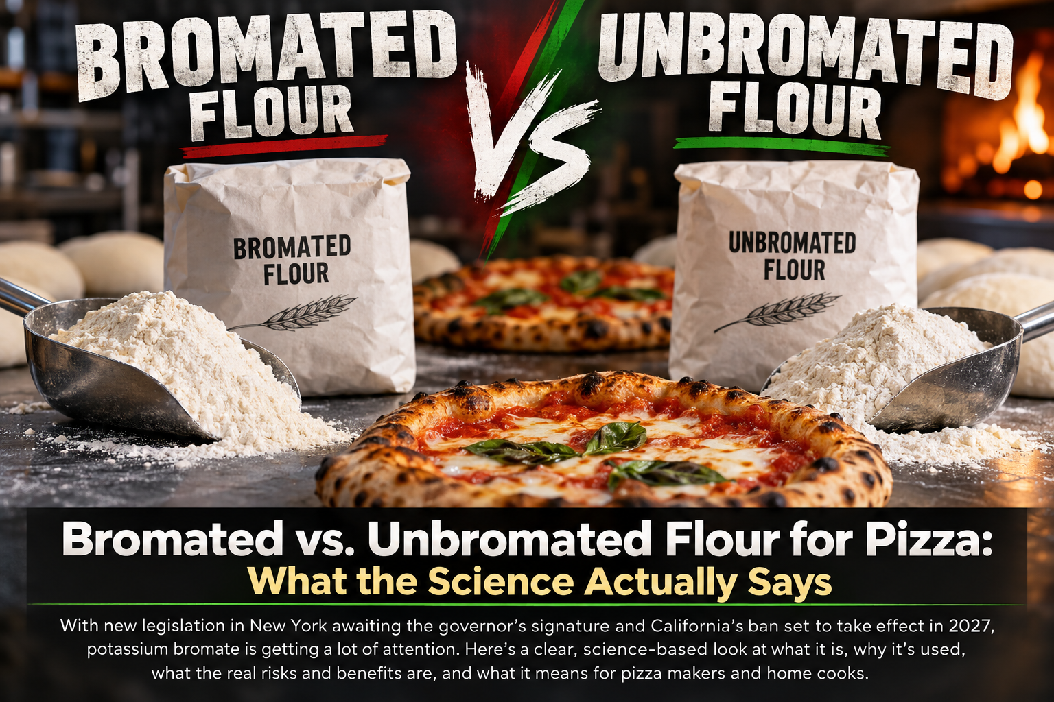 A comparison of bromated and unbromated flour beside pizza dough and finished pizza