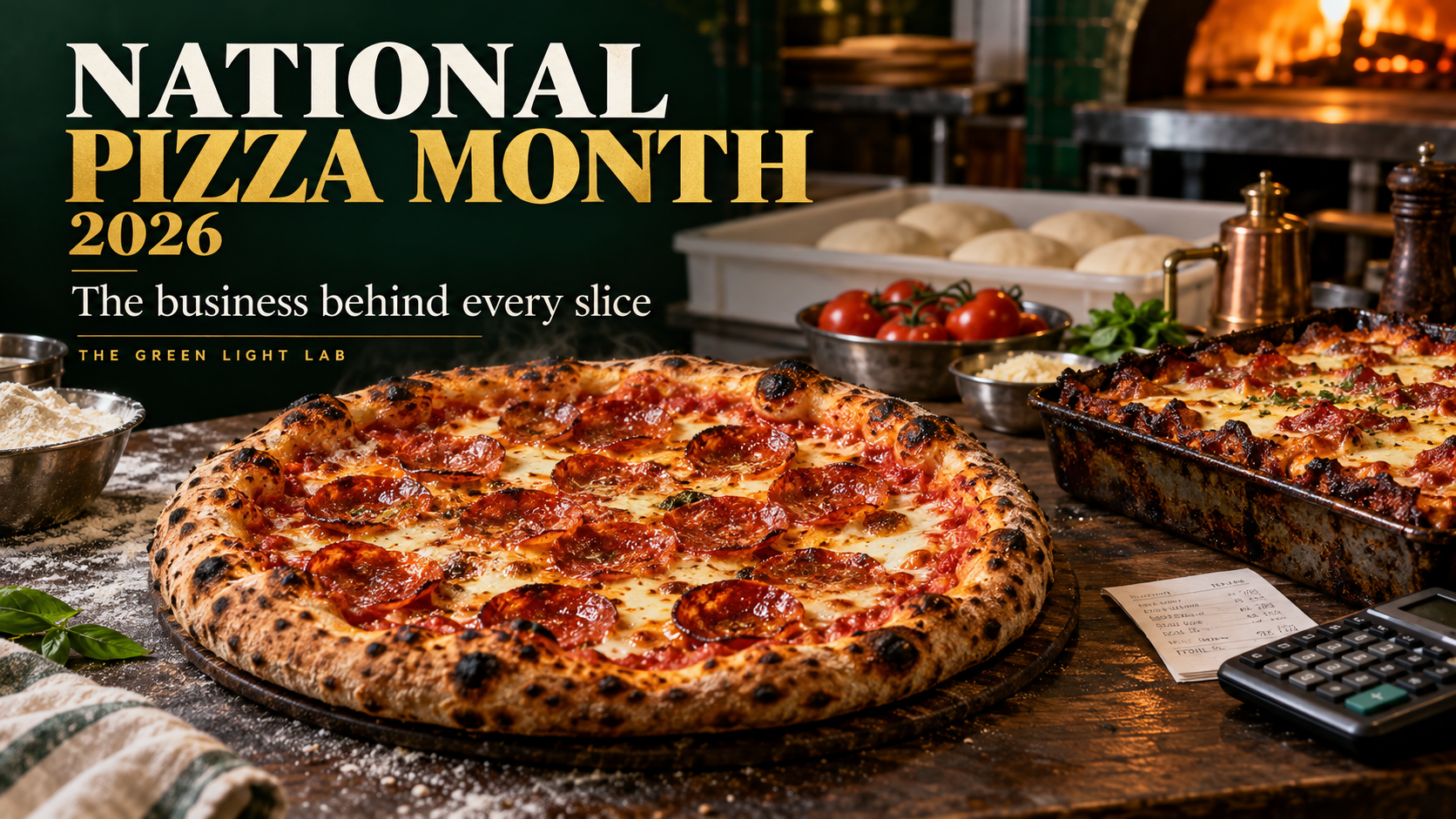 National Pizza Month 2026: artisan pepperoni and Detroit-style pizzas beside ingredients and business receipts