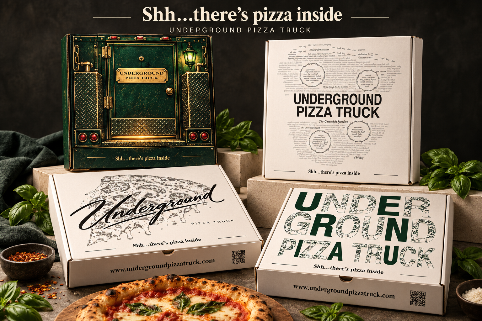 Four Underground Pizza Truck packaging concepts featuring truck-door, word-cloud, script and block-letter designs